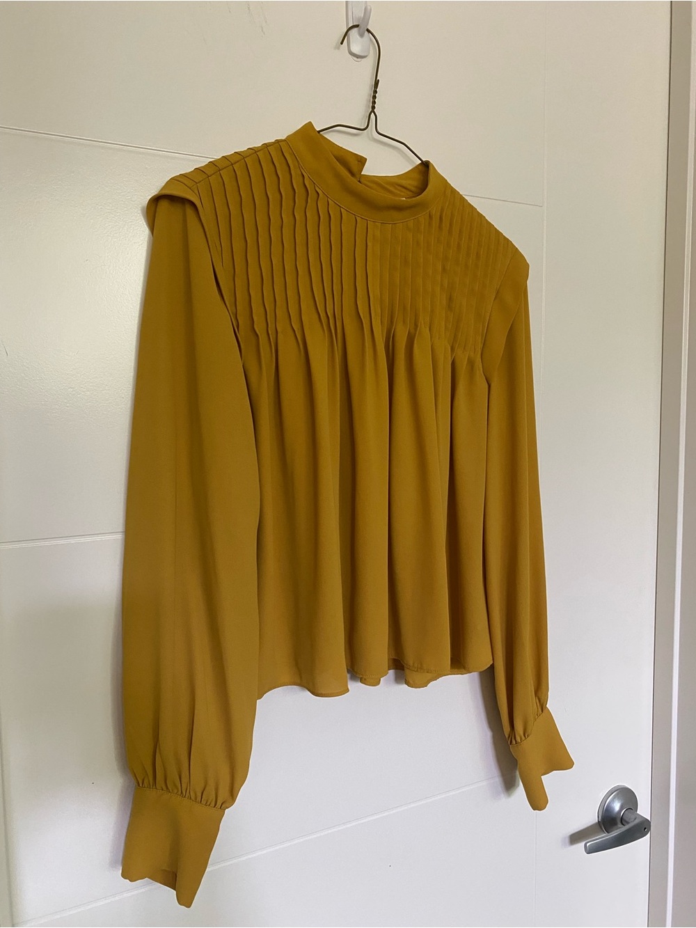 Babaton Mustard/Gold Pleated Mock-Neck Long Sleeve Blouse